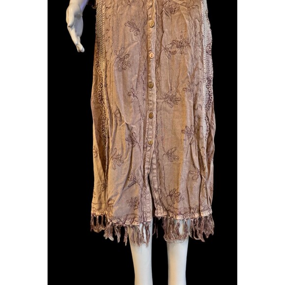 VTG Embroidered Maxi Dress  Free Size Button Front Rayon Tie Fringe Boho Cottage - Picture 12 of 13